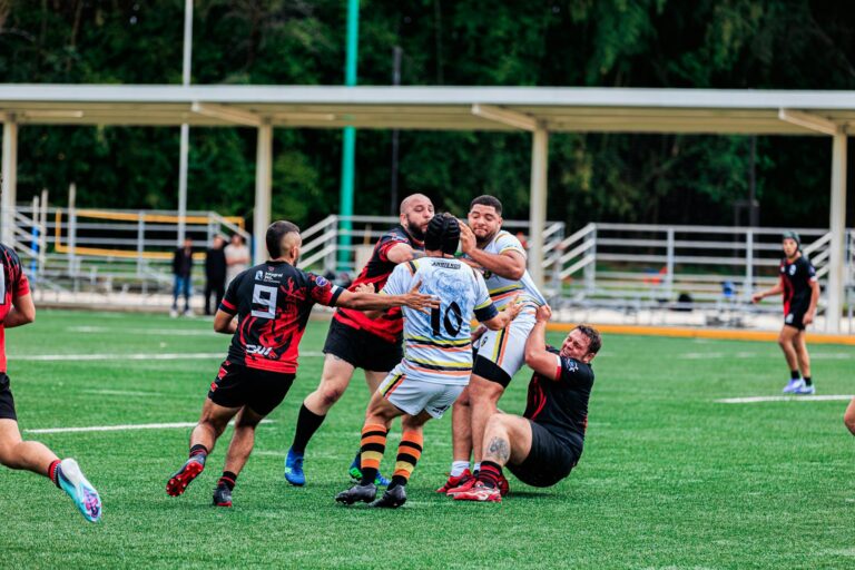 Rugby players in a dynamic tackle during an outdoor match on a green field.