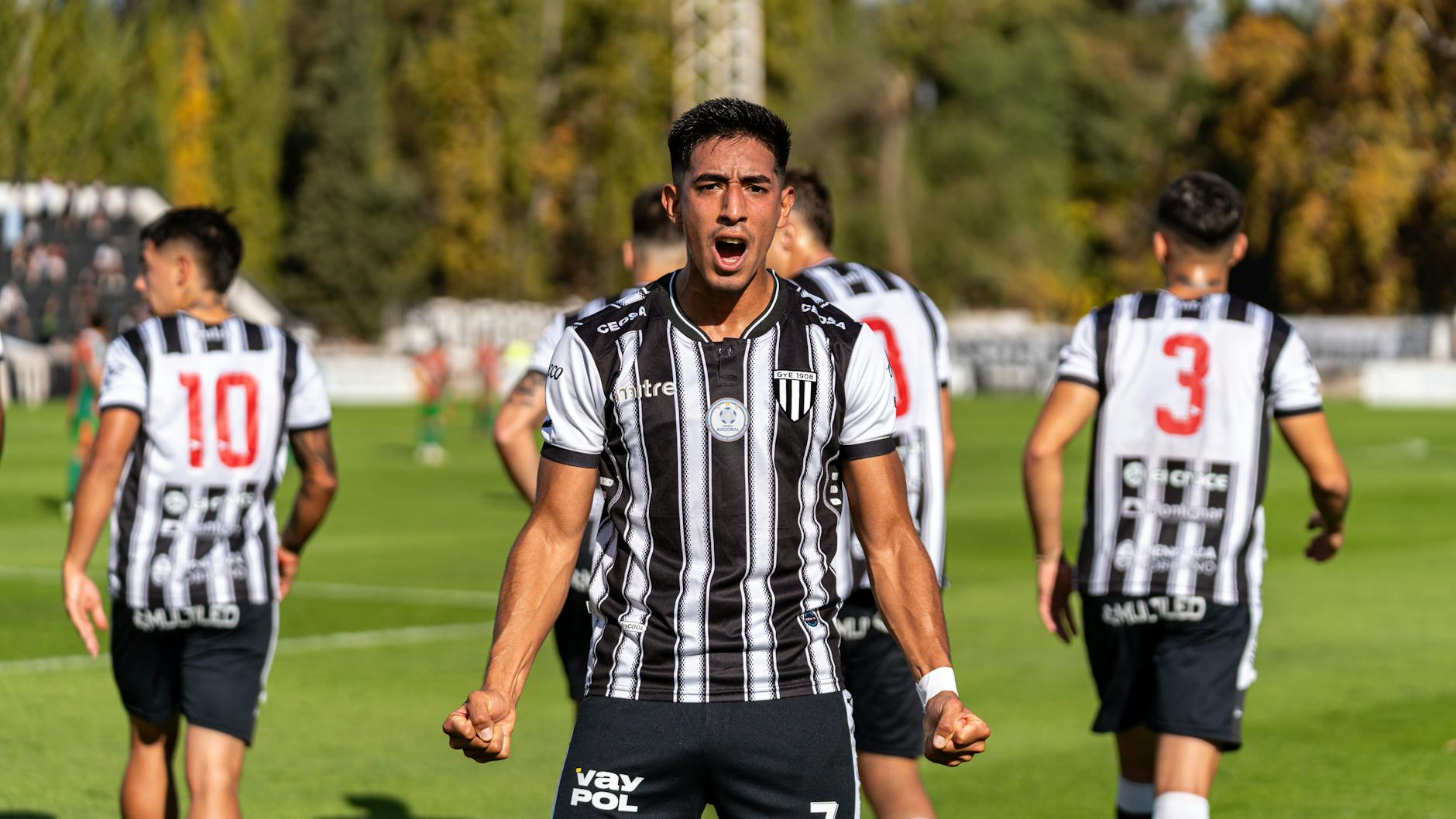 Photograph of a passionate soccer player celebrating a goal on the field.