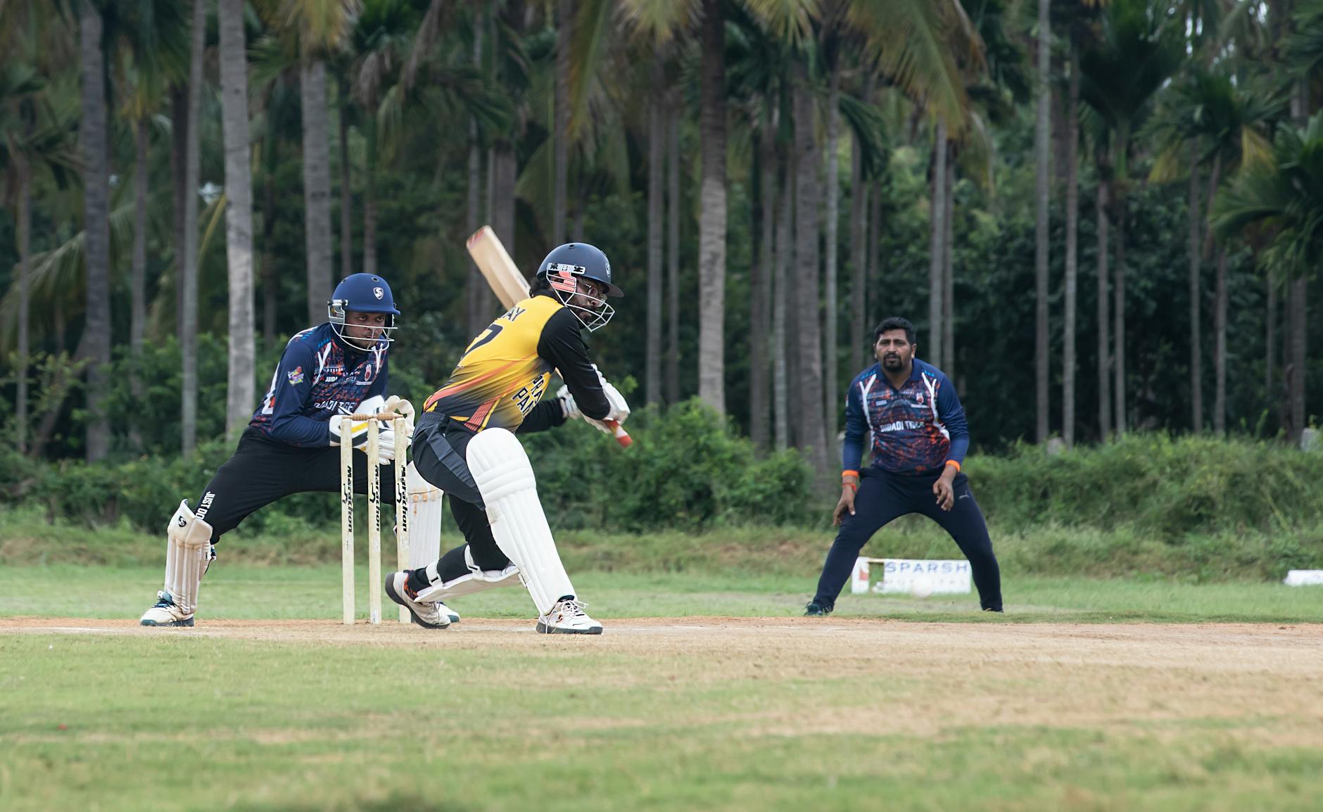 Dynamic cricket action featuring a batsman playing a shot in a lush outdoor setting.