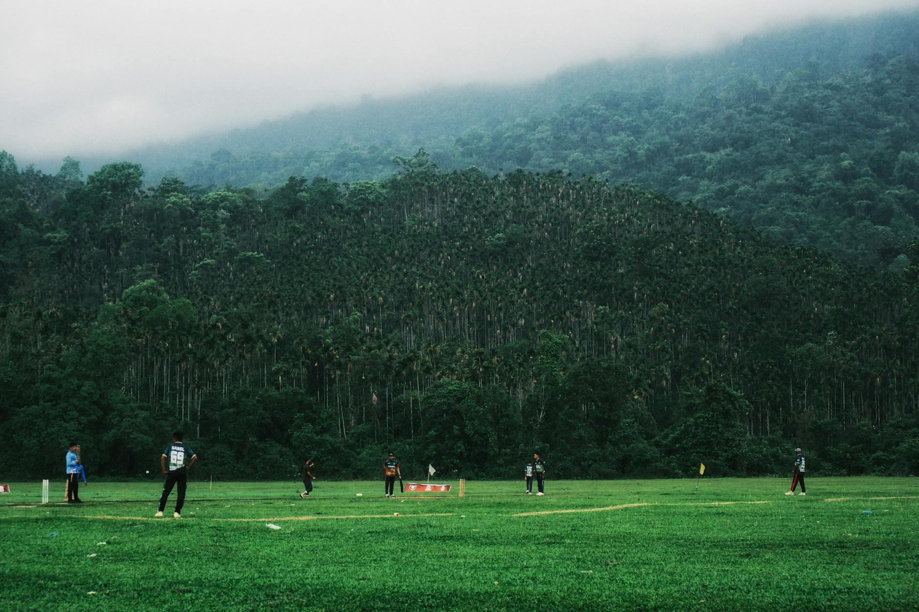 Cricketers playing in a lush green field surrounded by a forest in Sylhet, Bangladesh.