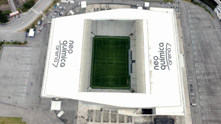 Drone shot capturing the iconic Neo Química Arena stadium in São Paulo, Brazil.