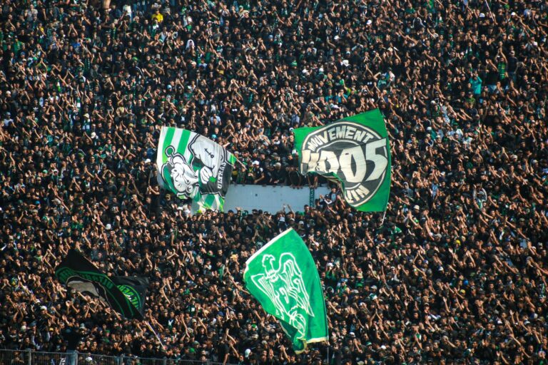 Energetic crowd waving flags at a Raja Casablanca football match in Morocco.