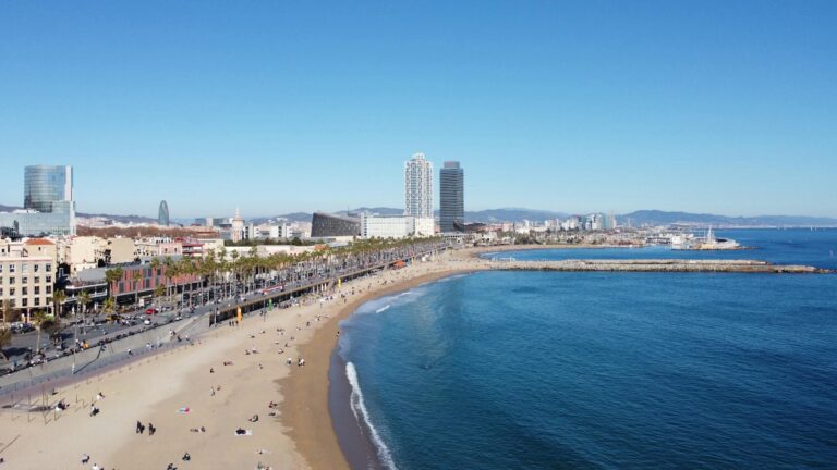 A stunning aerial shot of Barcelona's beach and city skyline on a clear day, capturing the vibrant coast.