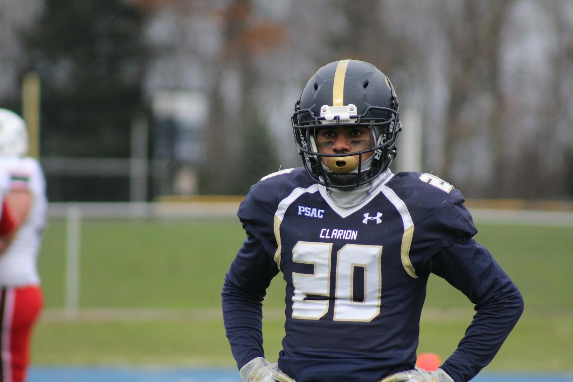 Focused American football player wearing a helmet and uniform prepared for the game on a grassy field.