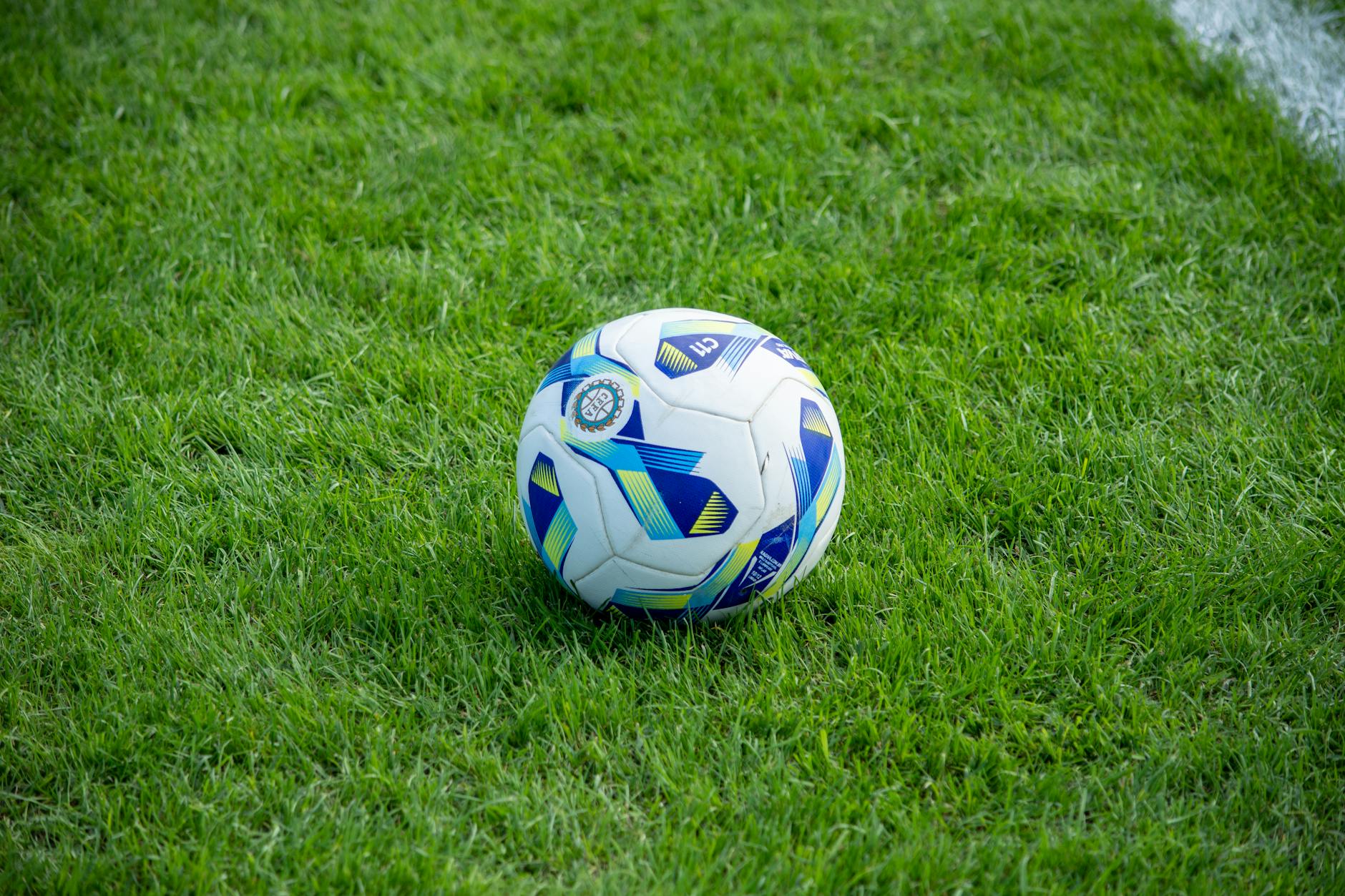 A detailed view of a soccer ball resting on a lush green grass field.