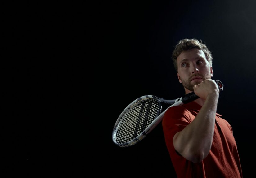 A thoughtful male tennis player holding a racket, set against a dark background.