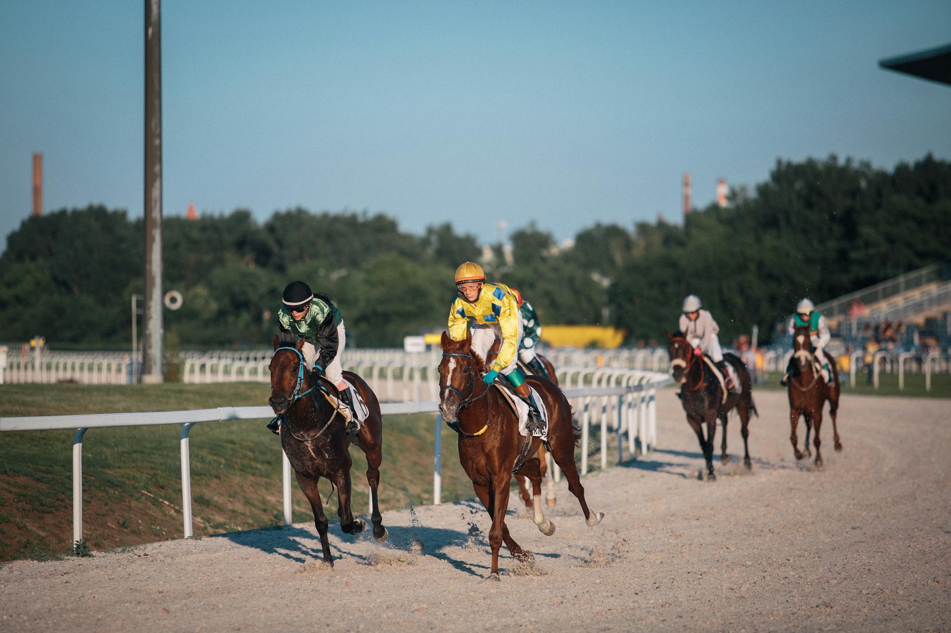 Dynamic action shot of a horse race in Budapest showcasing speed and competition.