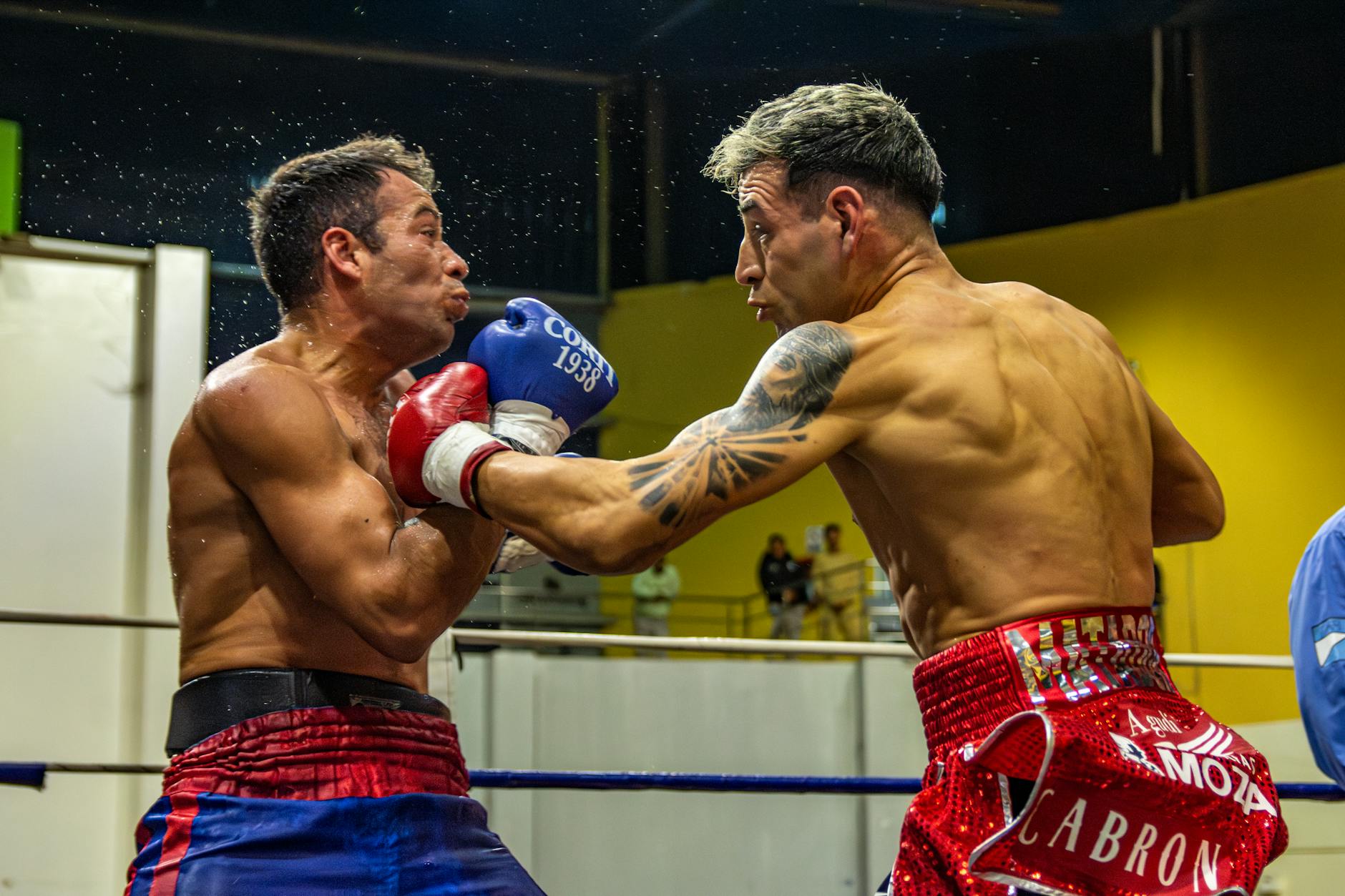 Intense boxing match with two fighters exchanging powerful punches.