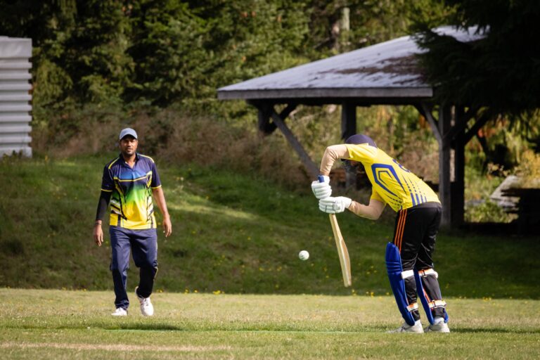 Exciting cricket match with two players in a vibrant outdoor field setting.