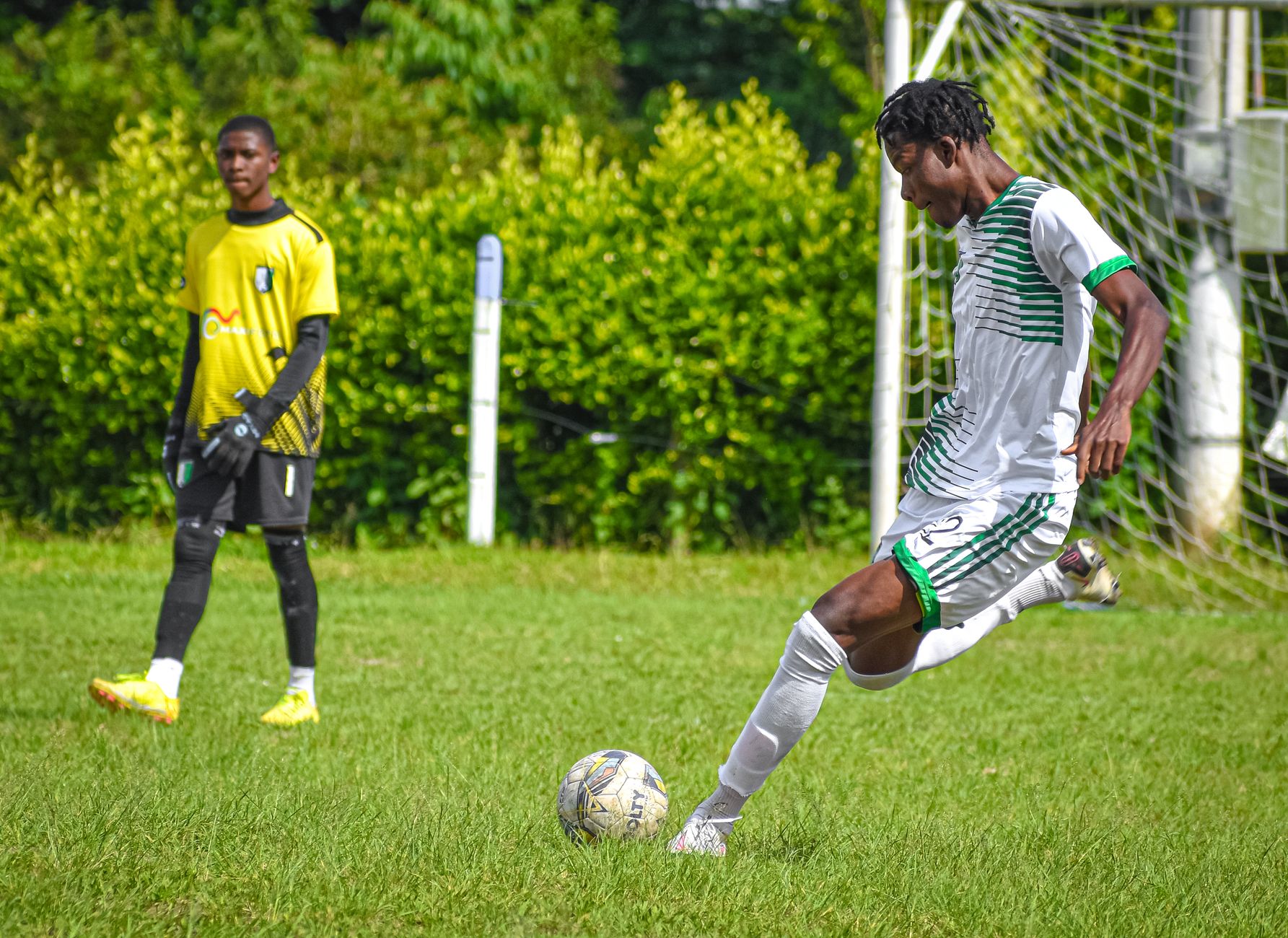 Soccer player in action on a grassy field, showcasing skill and determination.