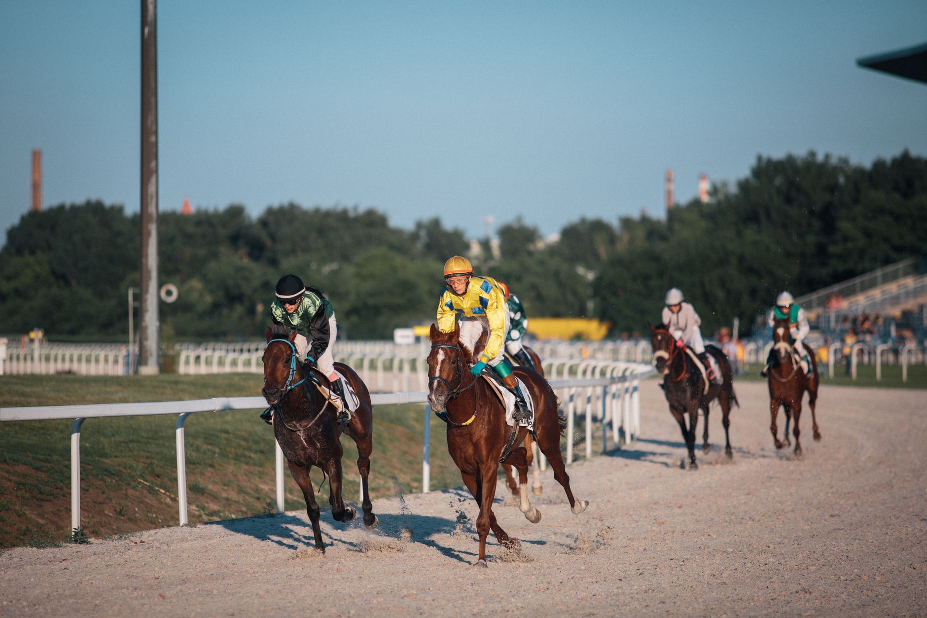 Dynamic action shot of a horse race in Budapest showcasing speed and competition.