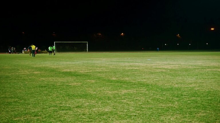 View of a soccer field at night with players and goalposts under floodlights.