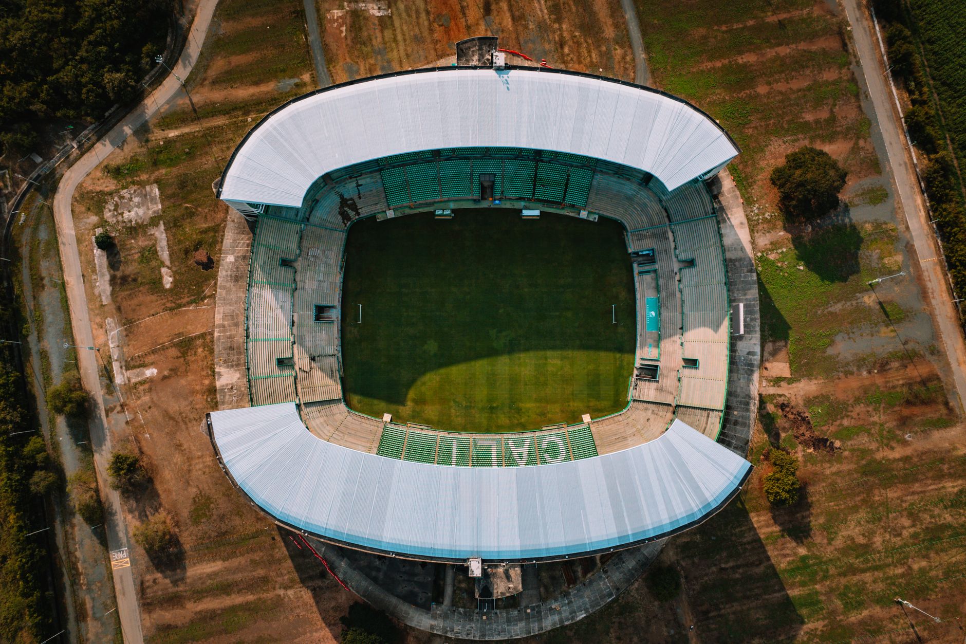 Stunning aerial photo of Palmaseca Stadium, Valle del Cauca, Colombia, showcasing its architecture.