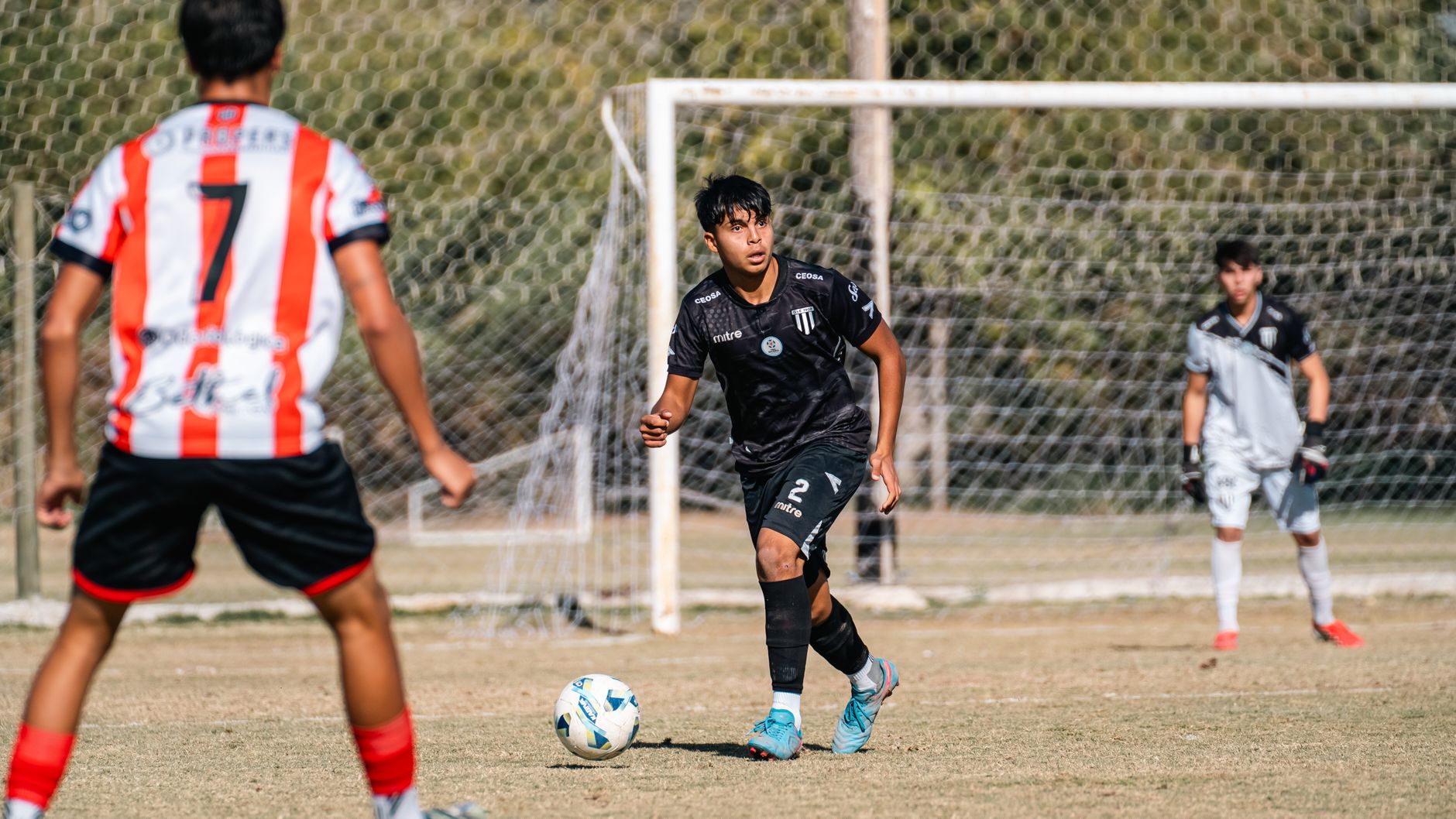 Players in competitive soccer match on outdoor field during daytime.