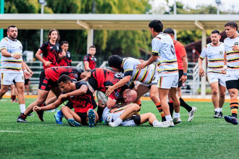 Action-packed rugby match featuring diverse players in vibrant jerseys on a sports field.