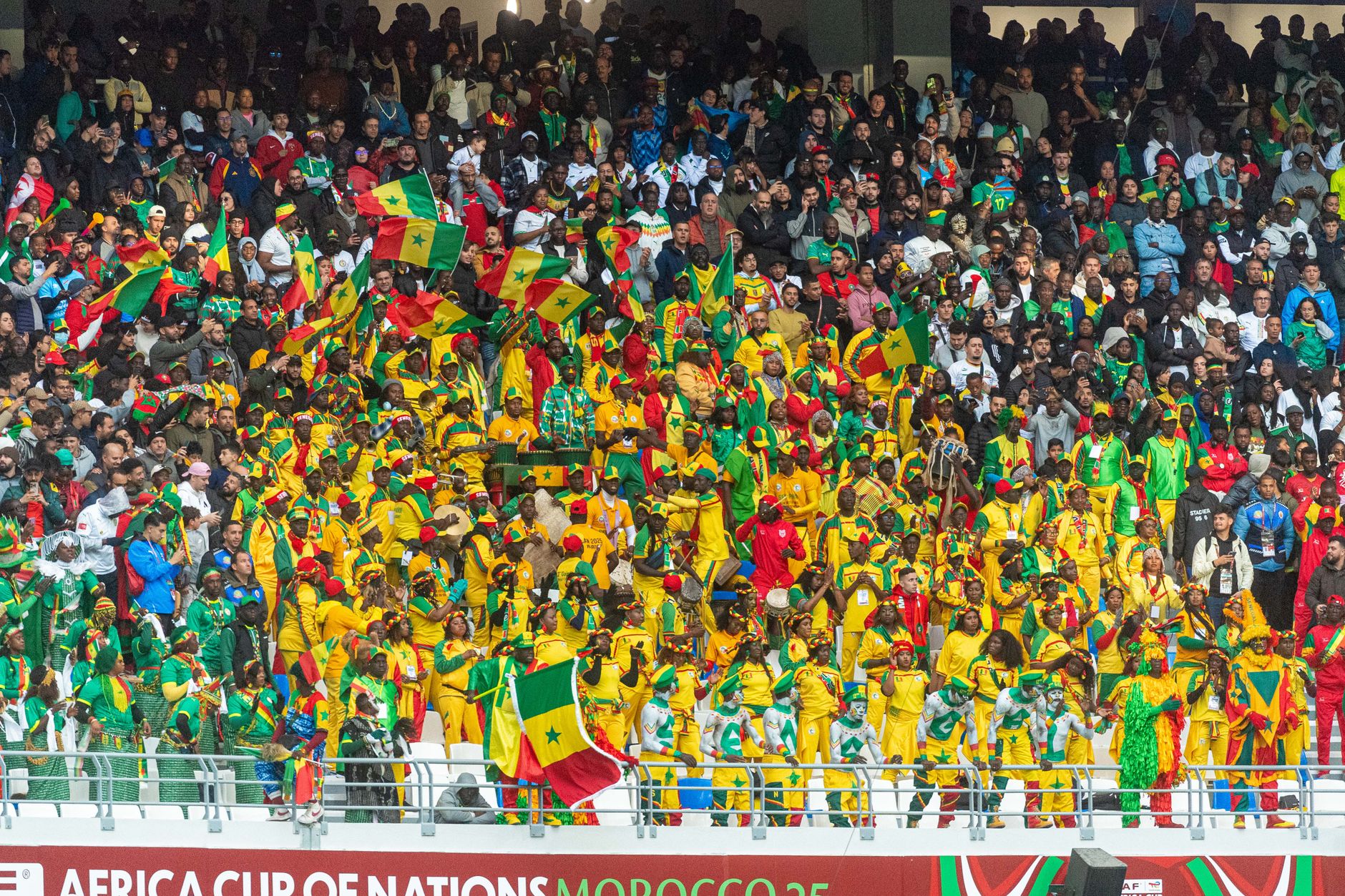 Vibrant crowd of football fans showing enthusiasm during Africa Cup of Nations match.