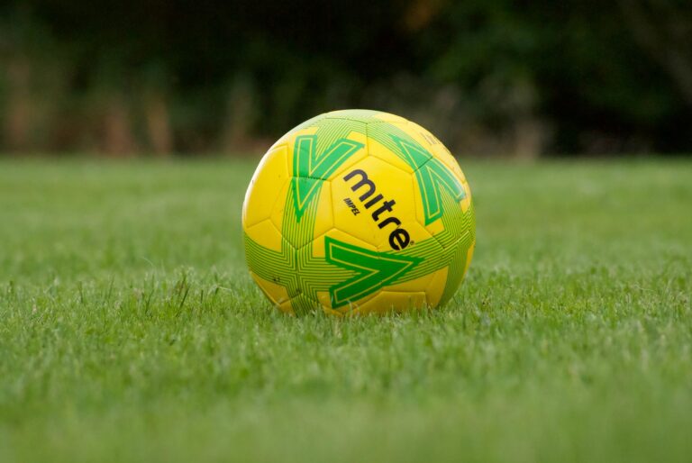 Vibrant yellow soccer ball on green grass, perfect for sports themes and outdoor activities.