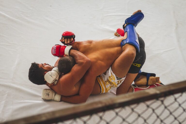 Two MMA fighters engaged in a grappling hold during an indoor match.