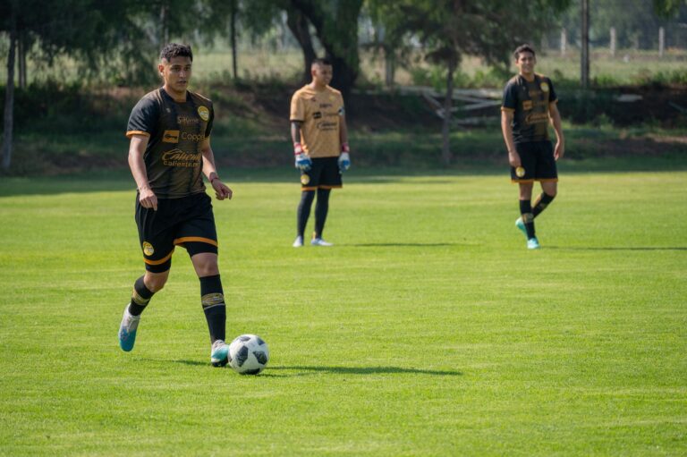 A young soccer player in uniform prepares to pass on a sunny day at the field.