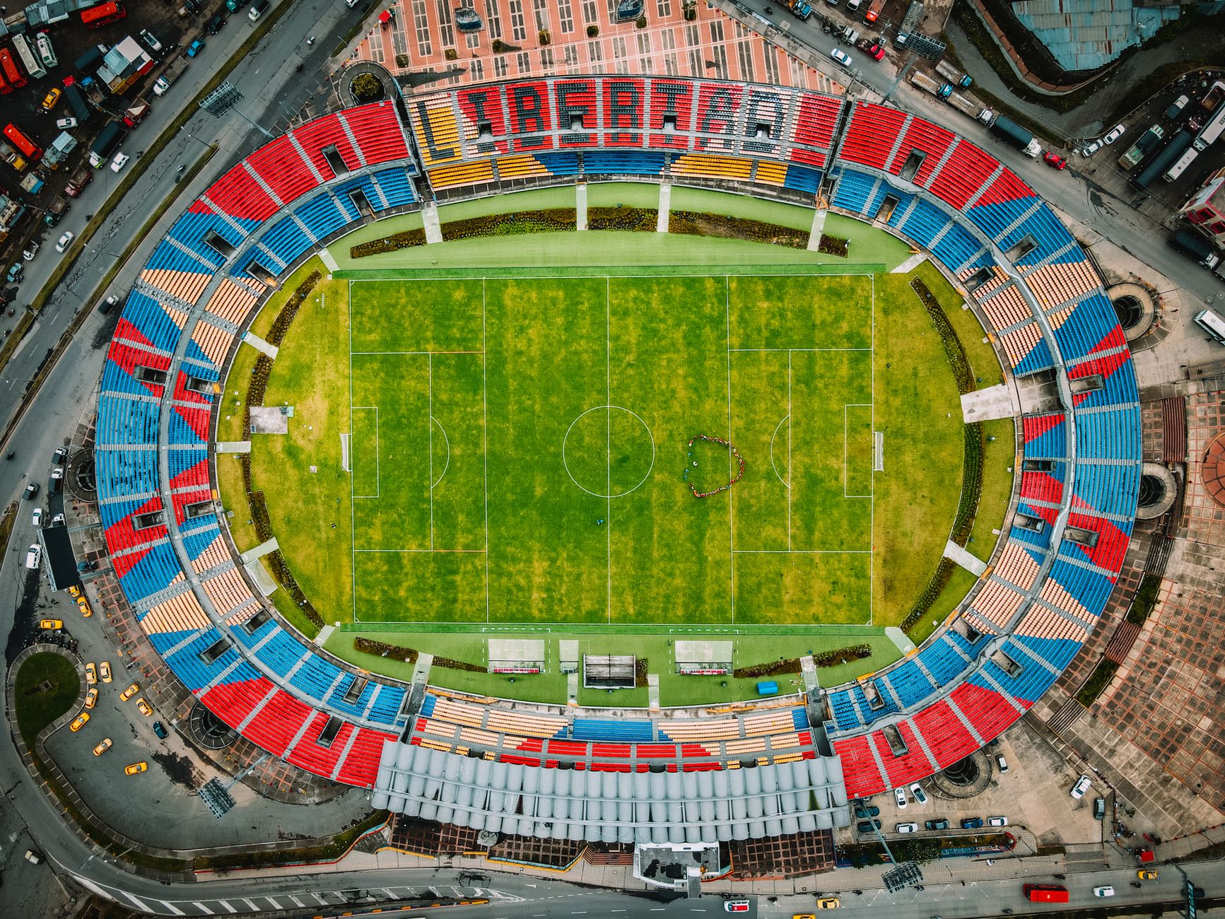 Aerial photograph capturing Estadio Departamental Libertad in Pasto, Colombia.