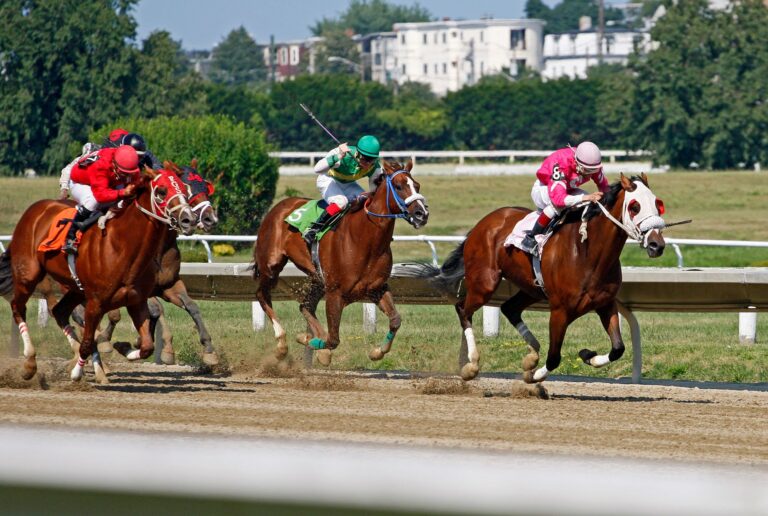 Jockeys racing horses energetically on a sunlit track during an exciting competition.