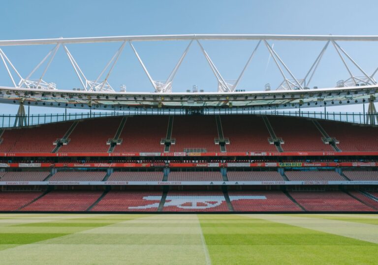 View of empty stands at Emirates Stadium, London, home of Arsenal FC.
