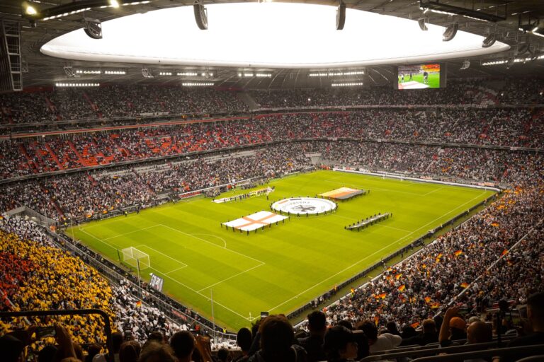 A packed stadium with fans watching a live soccer game, featuring vibrant crowd colors.