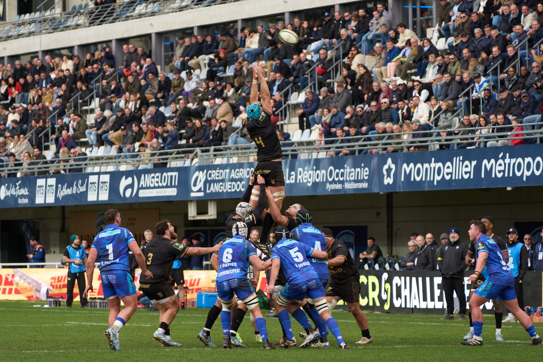 Exciting rugby match with crowds cheering at a stadium in Montpellier, Occitanie, France.