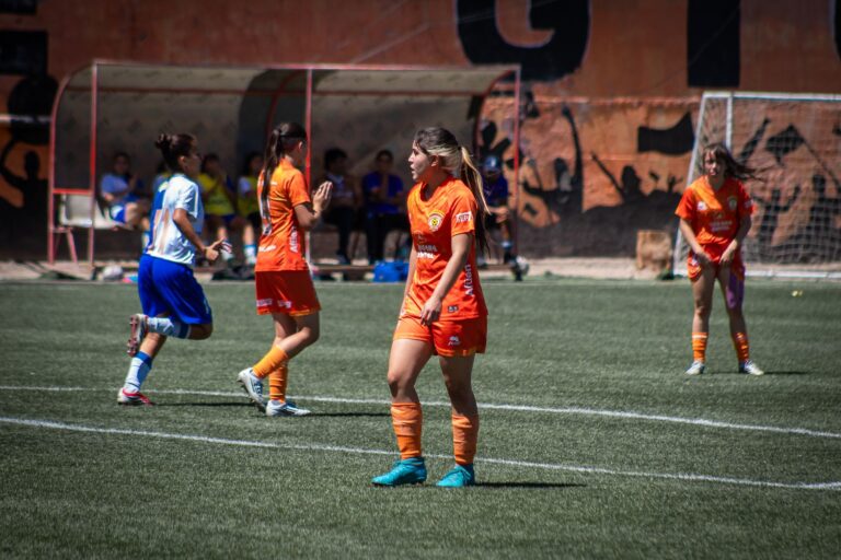 Female soccer players in action during a lively outdoor match, showcasing teamwork and athleticism.