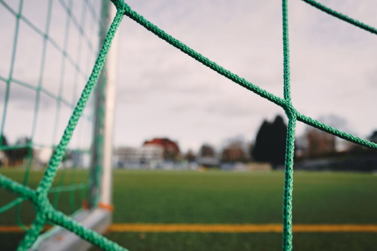 Focused close-up of a soccer goal net with field view, taken in Berlin, Germany.