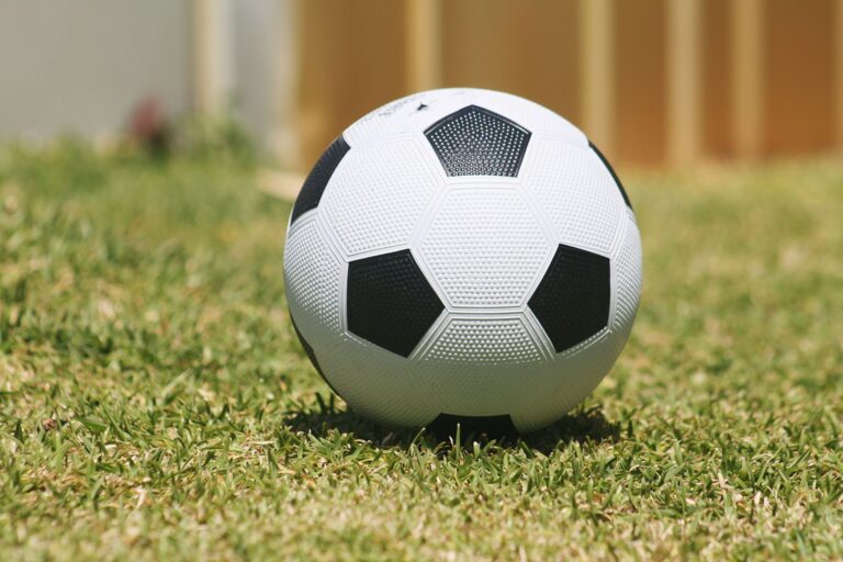A close-up of a soccer ball resting on grass in Perth, showcasing outdoor sports.