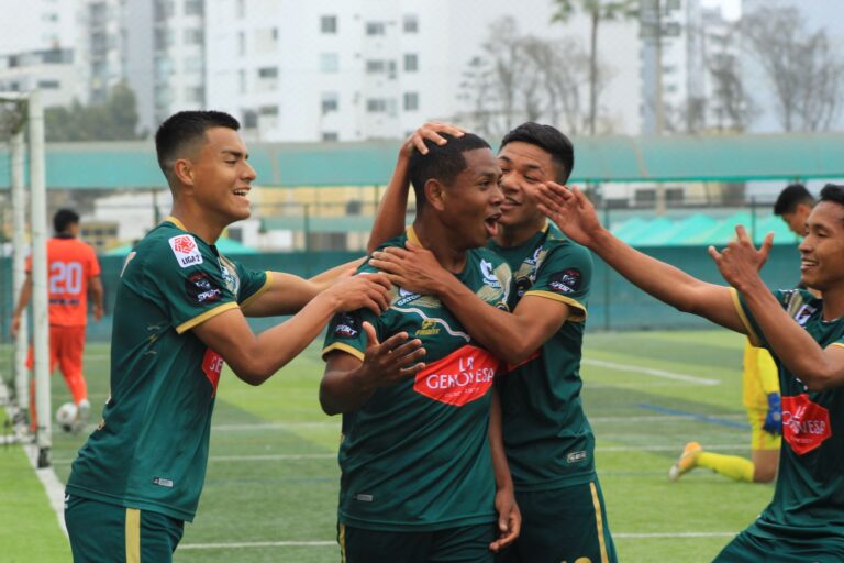 Soccer players celebrating a goal on the field with enthusiasm and teamwork.