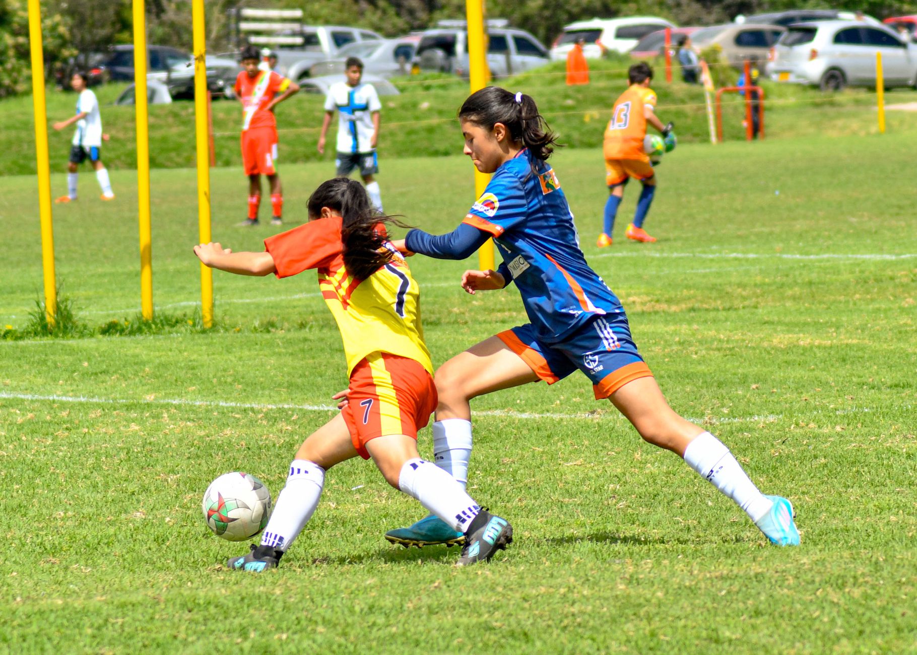 Action-packed scene of women playing football on a grass field with players in motion.