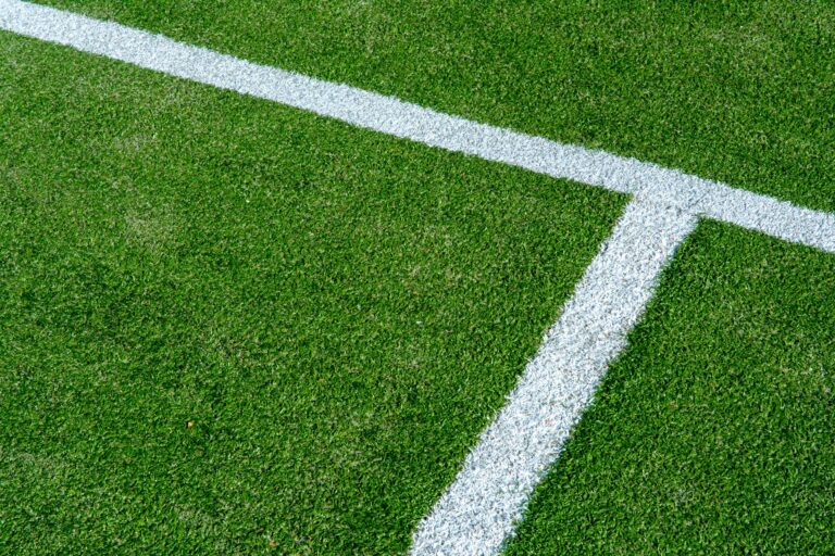 Detailed view of white lines on a green grass tennis court surface.