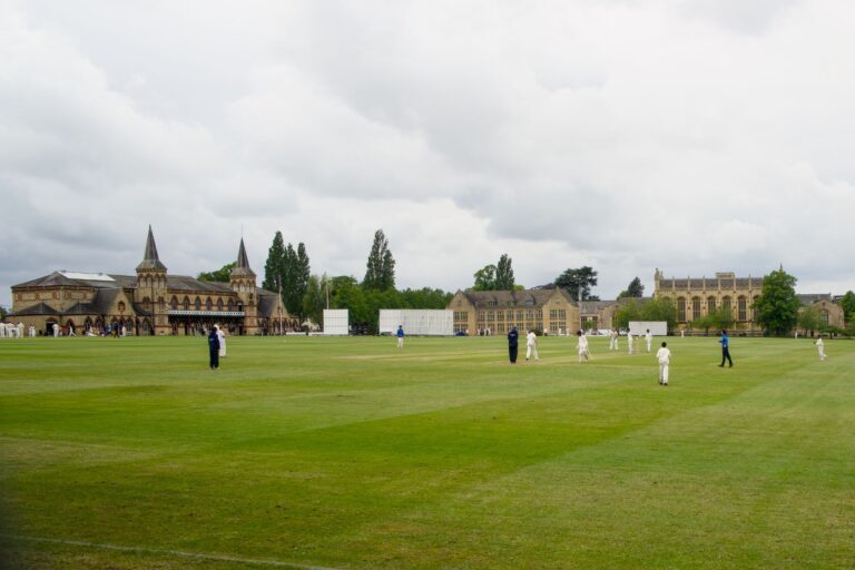 Outdoor cricket match on a lush green field with a historic building backdrop, overcast sky, many players visible.