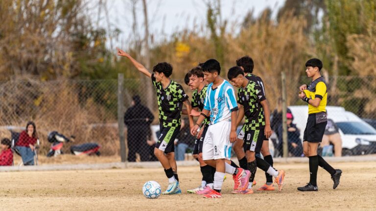 Youth soccer players and referee during a match on a grass field, showcasing teamwork.