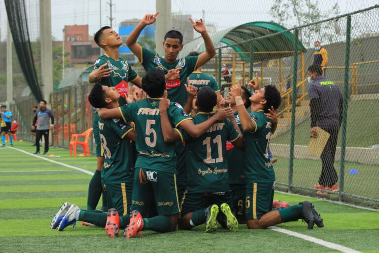 Youth soccer team members celebrate a goal on the field, showing teamwork and excitement.