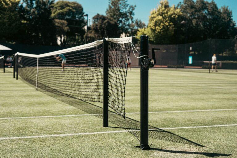 Detailed view of a tennis net on a sunny day at Toorak tennis court in Australia.