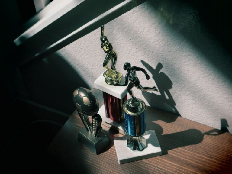 Collection of baseball and soccer trophies in sunlight, highlighting childhood achievements.