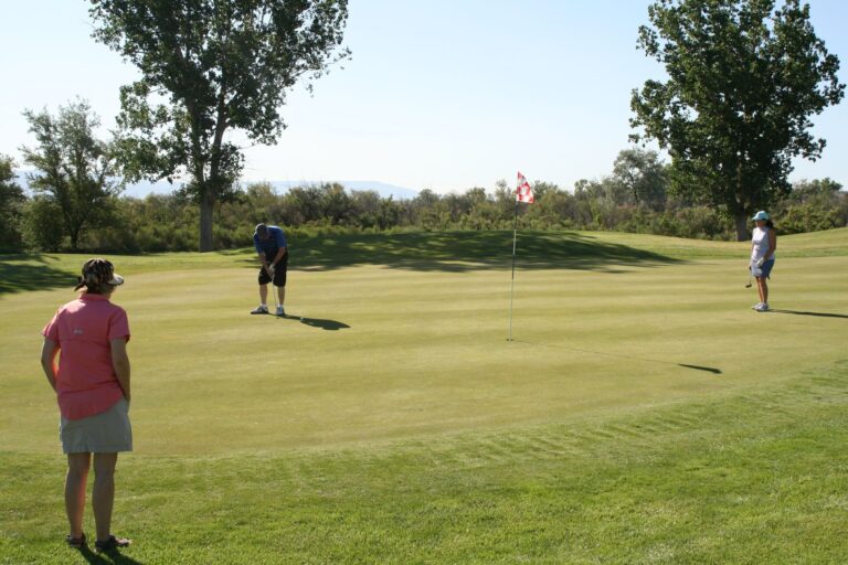 Golfers putting on a scenic course under a bright sky, showcasing teamwork and leisure in sports.