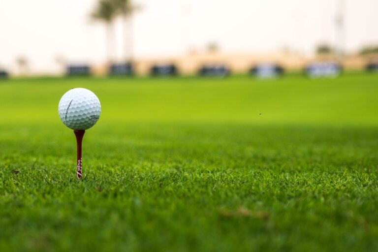 Close-up of a golf ball on a tee on a vibrant fairway.