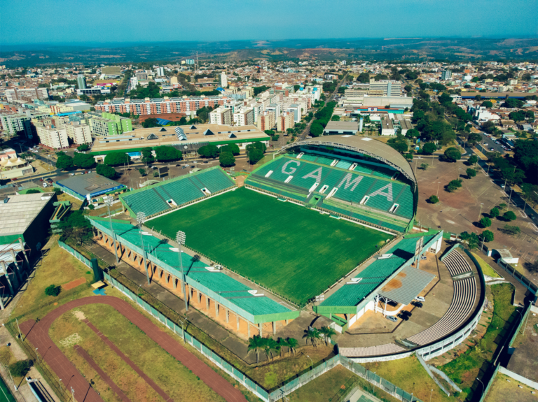 Explore the vibrant cityscape with the iconic Estádio Bezerrão stadium in Brasília.