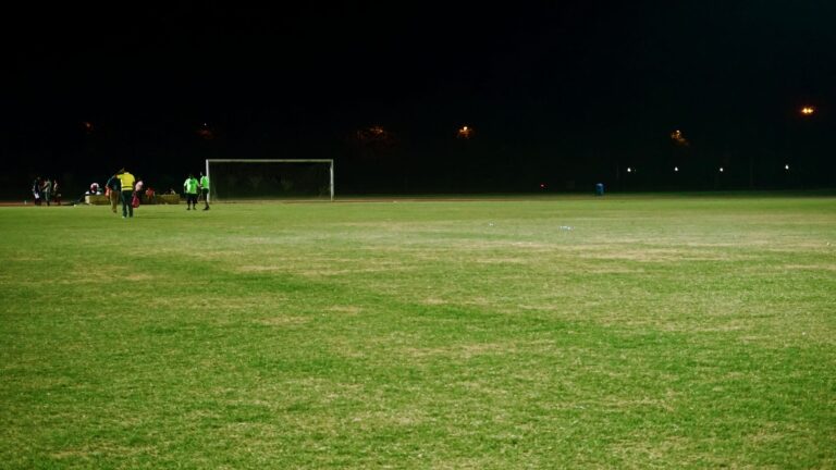 View of a soccer field at night with players and goalposts under floodlights.