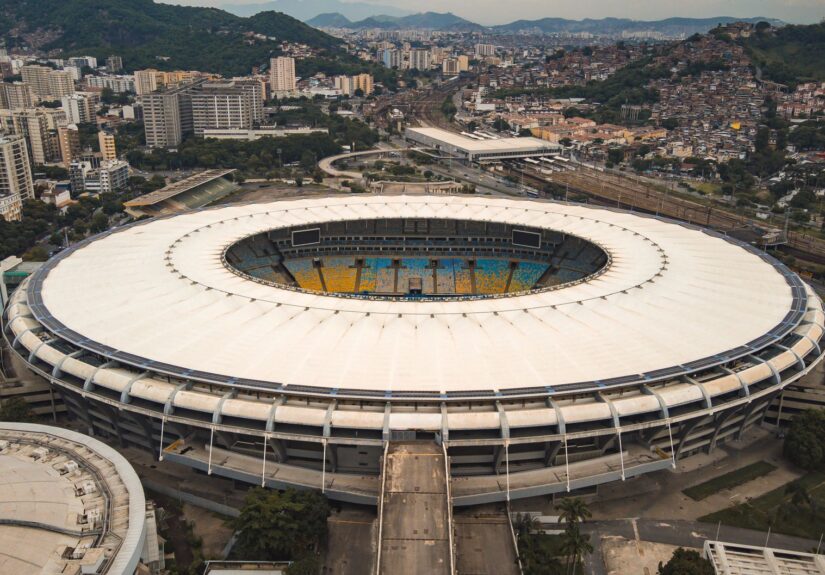 A breathtaking aerial view of Maracanã Stadium in Rio de Janeiro, showcasing its iconic circular structure.