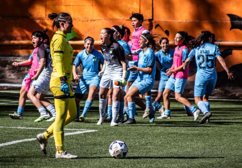 A women's soccer team celebrating after scoring a goal during a daytime match.