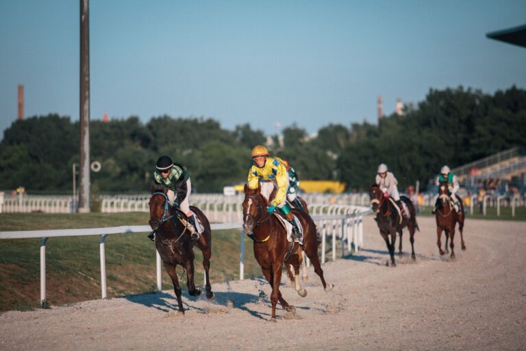 Dynamic action shot of a horse race in Budapest showcasing speed and competition.