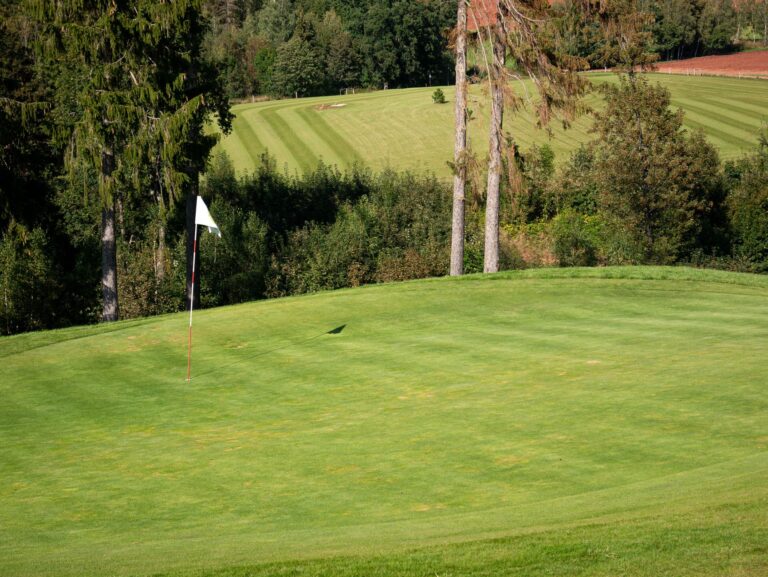 Vibrant green golf course fairway featuring flagstick, ideal for outdoor sports settings.