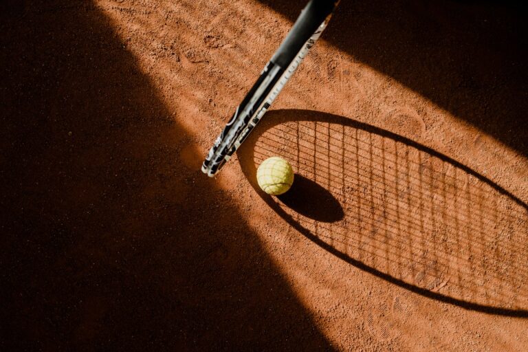 Tennis ball with racket shadow on a sunlit clay court.