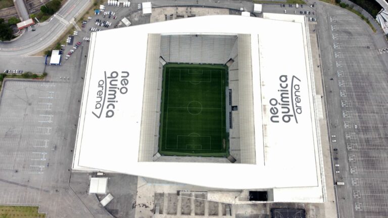 Drone shot capturing the iconic Neo Química Arena stadium in São Paulo, Brazil.