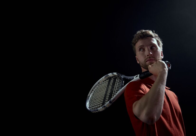 A thoughtful male tennis player holding a racket, set against a dark background.